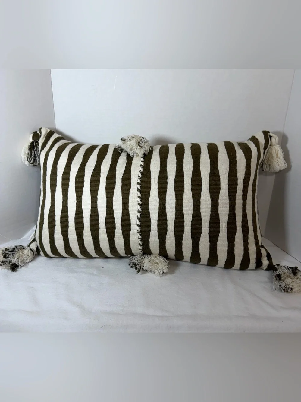 Archive NY Antigua 12x20 Inch Green & Cream Striped With Tassels Lumbar Pillow